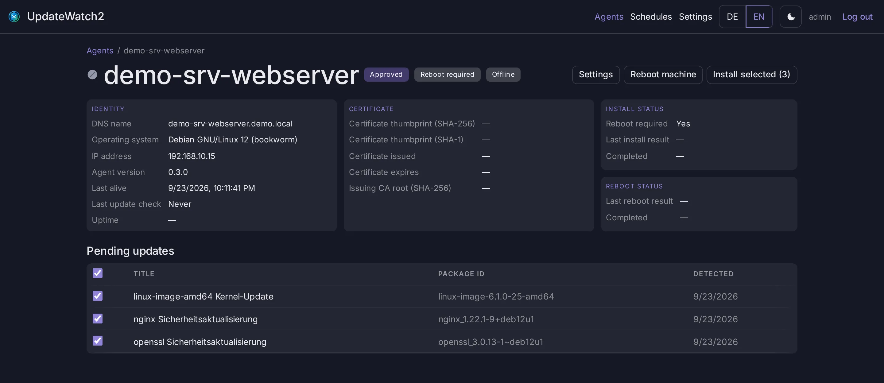 Detail view of a Linux server with three pending security updates, certificate data and reboot status