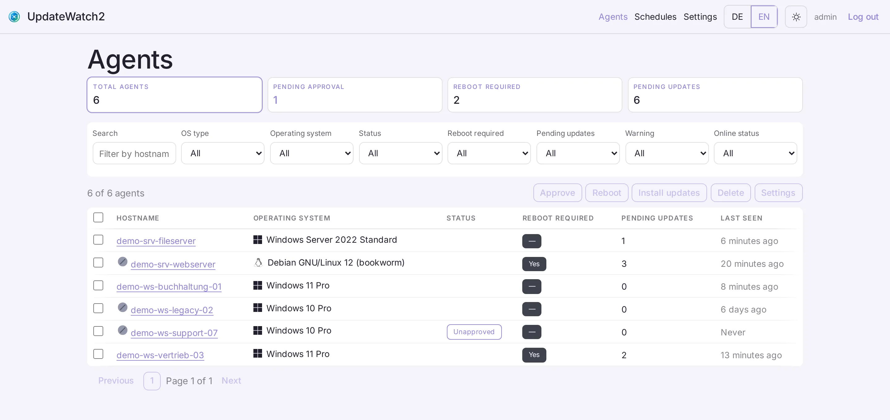 UpdateWatch2 agent overview with status cards, filters and a list of Windows and Linux machines
