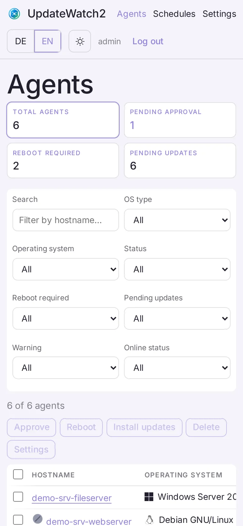 UpdateWatch2 agent overview on a smartphone