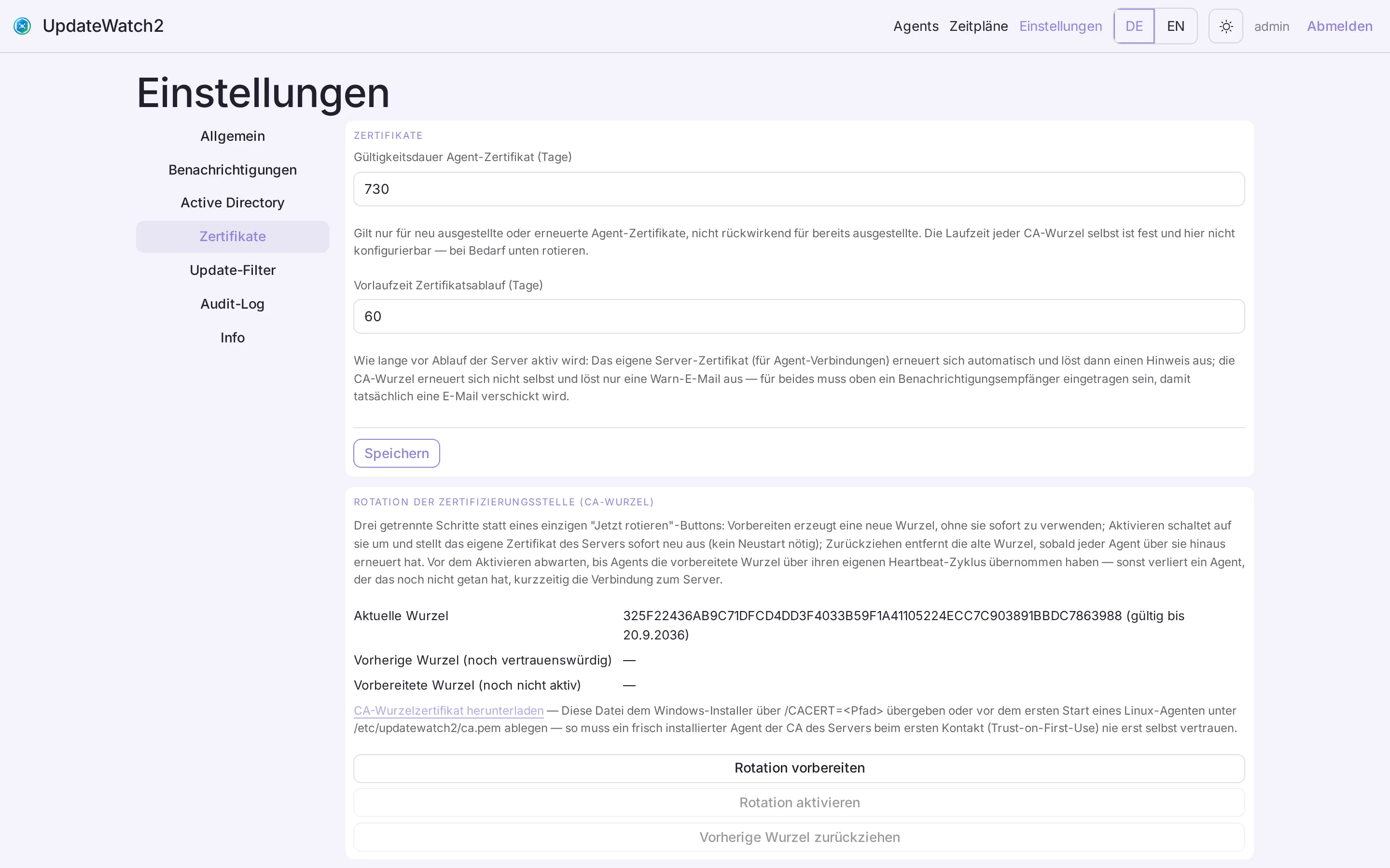 Einstellungen zu Zertifikaten mit Gültigkeitsdauer und dreistufiger Rotation der CA-Wurzel